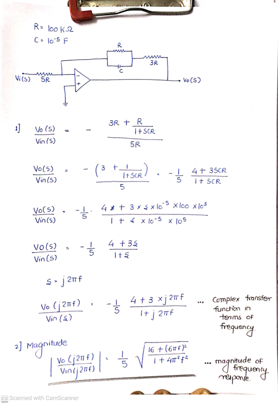 R= 100 KR R Vi(s) + 1] SR - magn frequency (= 10-5 F 3R SR Vo(s) 3R + R Vo (S) I + SCR Vin (5) Vo(5) (3 titsce) - 5 4 + 35CR