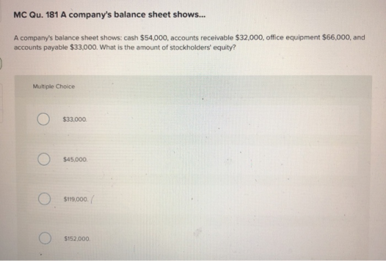 MC Qu. 181 A companys balance sheet shows... A companys balance sheet shows: cash $54,000, accounts receivable $32,000, off
