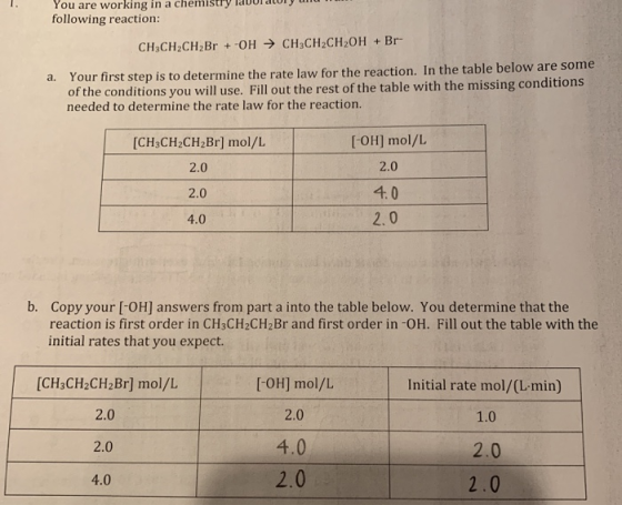 You are working in a chemistry Aury following reaction: CH3CH2CH2Br + -OH → CH3CH2CH2OH + Br- a. Your first step is to determ