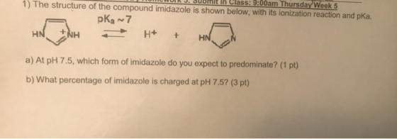 STUIN Submit In Class: 9:00am Thursday Week 5 1) The structure of the compound imidazole is shown below, with its ionization