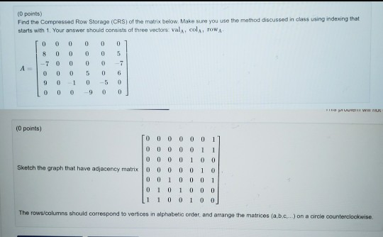 (0 points) Find the Compressed Row Storage (CRS) of the matrix below. Make sure you use the method discussed in class using i