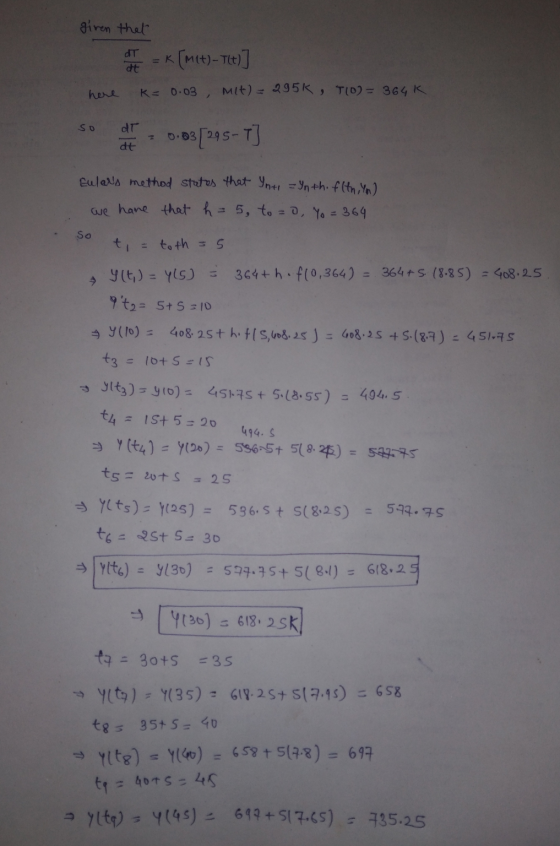 given that -* [met) - T)] K=0.03 Mit) = 295K , T100=364K dT at here so dr 0.03[295-T] dt Eulers method states that Ynto = In