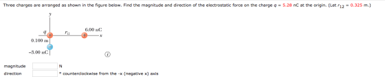 Three charges are arranged as shown in the figure below. Find the magnitude and direction of the electrostatic force on the c