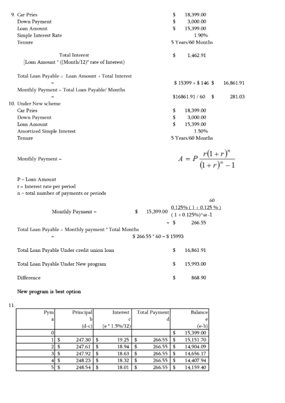9. Car Pries Down Payment Loan Amount Simple Interest Rate Tenure $ 18,399.00 $ 3,000.00 $ 15,399.00 1.90% 5 Years/60 Months