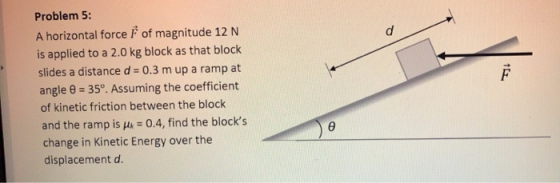 Problem 5: A horizontal force F of magnitude 12 N is applied to a 2.0 kg block as that block slides a distance d 0.3 m up a r