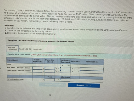 On January 1, 2018. Cameron Inc. bought 10% of the outstanding common stock of Lake Construction Company for $190 million cas