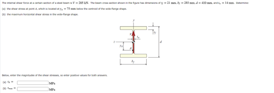 The internal shear force at a certain section of a steel beam is V = 205 kN. The beam cross section shown in the figure has d