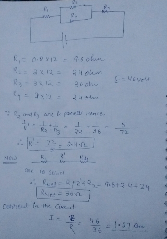 R4 R3 9-6 0lun R,0.812 240hm E-46 vott Ra = 3x12 360r 12X12 240m cmd Ra are in parel Hence 5 Ra R3 36 २५ 72 72 R - R R4 New