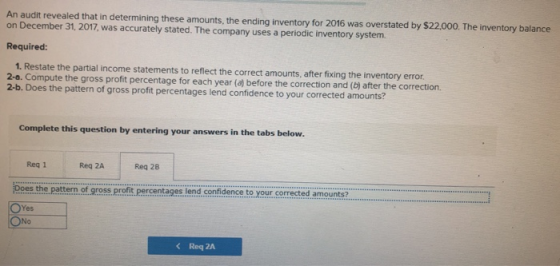 An audit revealed that in determining these amounts, the ending inventory for 2016 was overstated by $22,000. The inventory b