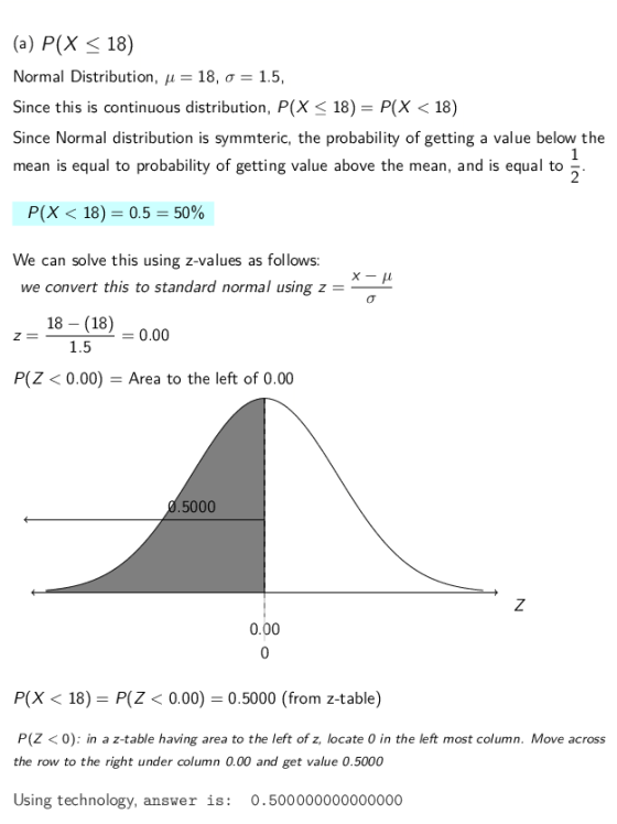 (a) P(X 18) Normal Distribution, μ 18, σ 1.5 Since this is continuous distribution, P(X 18) P(X< 18) Since Normal distribution is symmteric, the probability of getting a value below the mean is equal to probability of getting value above the mean, and is equal to 2 P(X < 18)= 0.5 50% We can solve this using z-values as follows: we convert this to standard normal using z = 18 (18) 1.5 0.00 P(Z <0.00) Area to the left of 0.00 5000 0.00 P(X < 18)-P(Z < 0.00)-0.5000 (from z-table) P(Z < 0): in a z-table having area to the left of z, locate O in the left most column. Move across the row to the right under column 0.00 and get value 0.5000 Using technology, ansver is: 0.50000000000000