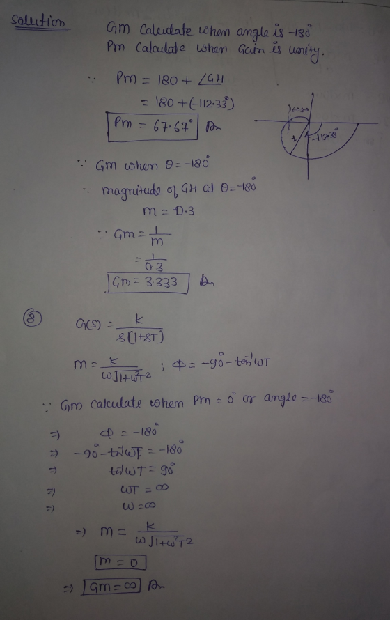 solution Gm Pm Calentate when angle is 180 Calculate when Gain is unity. Pm = 180 + LGH = 180+(-112.33) Pm = 67.67° 1403- 1/-