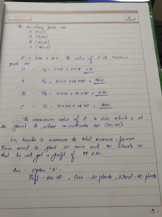 are The boundary points 0 (0,6) A (0,40) B (20,30) e (40,0) z at various poroke z = lox + 14y. The value of ase - 0 :- 7 = Ox