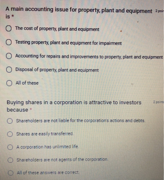 A main accounting issue for property, plant and equipment 2 poir is O The cost of property, plant and equipment O Testing pro