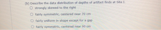 (b) Describe the data distribution of depths of artifact finds at Site I. O strongly skewed to the right O fairly symmetric,
