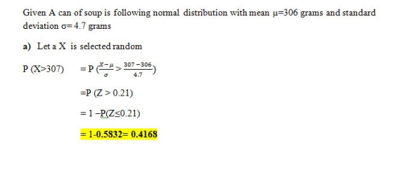 Given A can of soup is following normal distribution with mean -306 grams and standard deviation σ 4.7 grams a) Let a X is selected random P (X 307) p307-306 4.7 -P (Z> 0.21) -1 -P(Zs0.21) - 1-0.5832- 0.4168