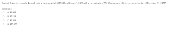 Ancient Grains Inc. issued a 4 month note in the amount of $500,000 on October 1, 2021 with an annual rate of 5%. What amount