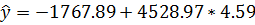 ŷ = -1767.89 +4528.97 * 4.59