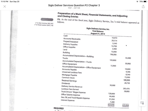 11:10 PM Sun Sep 20 79% Х Siglo Deliver Services Question P2 Chapter 3 PDF - 297 KB Net income562392 Total assets: $247,148 P