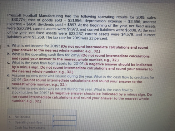 Prescott Football Manufacturing had the following operating results for 2019: sales = $30,774; cost of goods sold = $21,956,