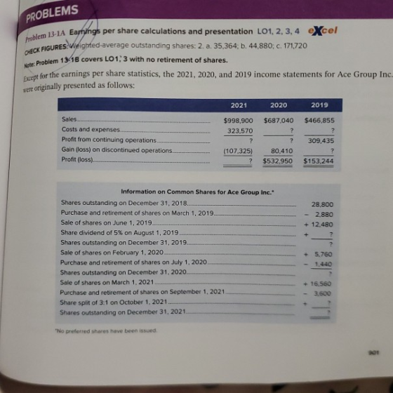Problem 13-1A Earnings per share calculations and presentation LO1, 2, 3, 4 excel CHECK FIGURES: Weighted average outstanding