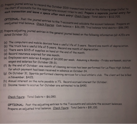 (1) Prepare journal entr the chart of acco pare journal entries to record the October 2019 transactions listed on the followi