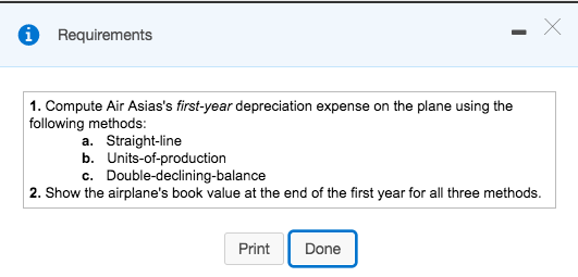 Requirements 1 1. Compute Air Asiass first-year depreciation expense on the plane using the following methods a. Straight-line b. Units-of-production c. Double-declining-balance 2. Show the airplanes book value at the end of the first year for all three methods. Print Done