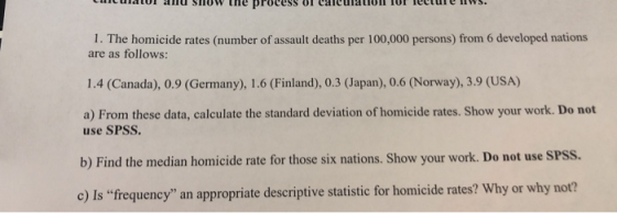 or an uw we process of calculatul UE ICIUt us. 1. The homicide rates (number of assault deaths per 100,000 persons) from 6 de