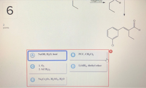 Trayers) points A NaOH,H,O, heat B PCC, CH.CH C 1.0 ) LAIH, diethyl ether 2. S(CH) e Na Cr»0», H,804, H,0