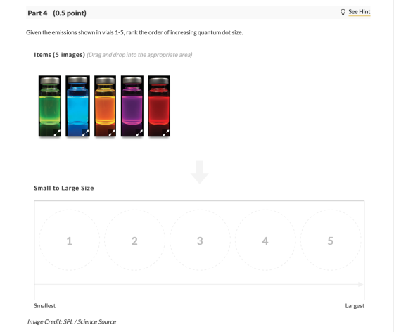 See Hint Part 4 (0.5 point) Given the emissions shown in vials 1-5, rank the order of increasing quantum dot size. Items (5 i