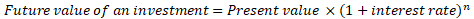 Future value of an investment = Present value x (1 + interest rate)