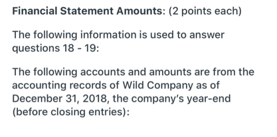 Financial Statement Amounts: (2 points each) The following information is used to answer questions 18 - 19: The following acc