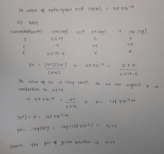 Ka value of hydrocyanic acid (HCN) = 4,9 810-10 ICE Table concentration (M) HON Cagl - Htcagl + CN-cagl. 0.579 - 2 +x 0.579-1