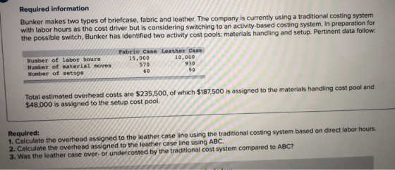 Required information Bunker makes two types of briefcase, fabric and leather. The company is currently using a traditional co