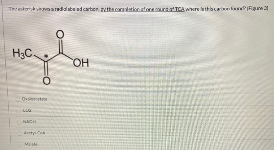 The asterisk shows a radiolabeled carbon, by the completion of one round of TCA where is this carbon found? (Figure 3) H2C OH