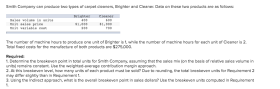 Smith Company can produce two types of carpet cleaners, Brighter and Cleaner. Data on these two products are as follows: Sale