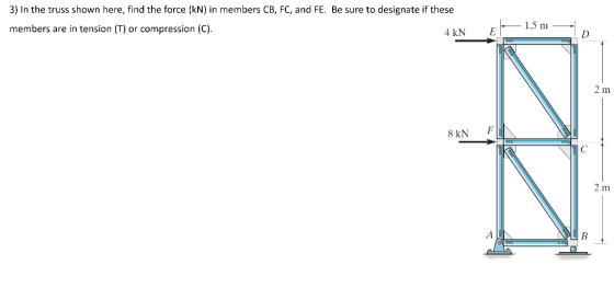 3) in the truss shown here, find the force (kN) in members CB, FC, and FE. Be sure to designate if these members are in tensi