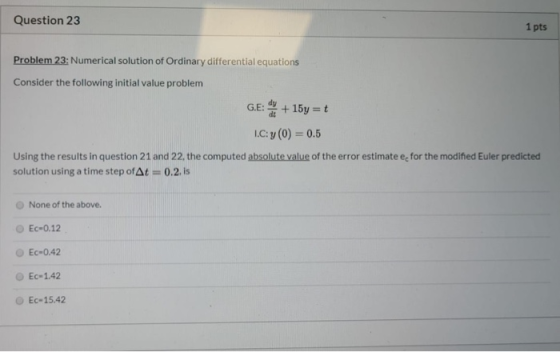 Question 23 1 pts Problem 23: Numerical solution of Ordinary differential equations Consider the following initial value prob