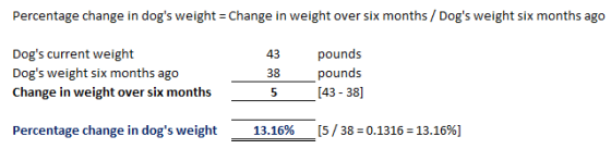 Percentage change in dogs weight Change in weight over six months /Dogs weight six months ago Dogs current weight Dogs weight six months ago Change in weight over six months 43 38 5 pounds xurci 43-38] Percentage change in dogs weight 13.16% [5 / 38-0.1316-13.16%)