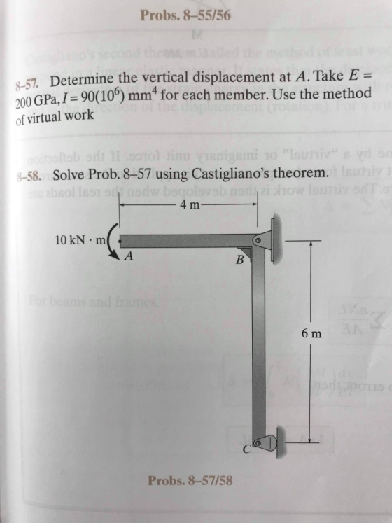 Probs. 8-55/56 -57. Determine the vertical displacement at A. Take E = 200 GPa, I = 90(10º) mmª for each member. Use the meth