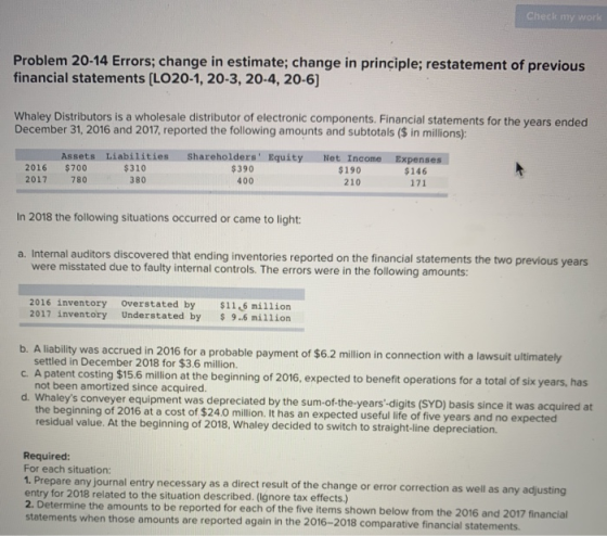 Problem 20-14 Errors; change in estimate; change in principle; restatement of previous financial statements (LO20-1, 20-3, 20