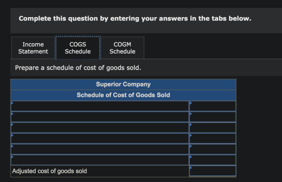 Complete this question by entering your answers in the tabs below. Income Statement COGS Schedule COGM Schedule Prepare a sch