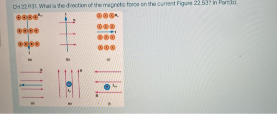 CH 22 P31. What is the direction of the magnetic force on the current Figure 22.532 in Part(b). oooo f) (c) to) 0