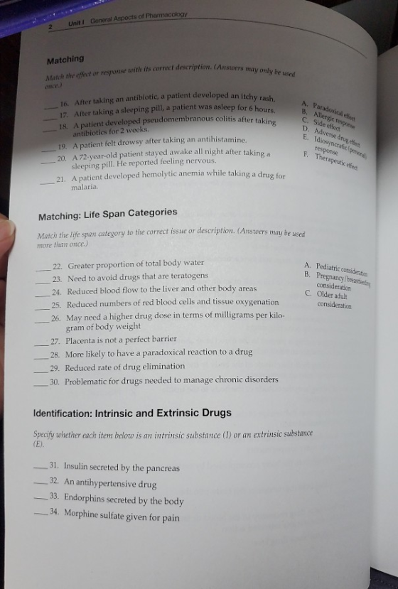 Unit i General Aspects of Pharmacology Matching Match the effect or response with its correct description. (Anstwers may only