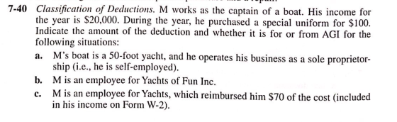 7-40 Classification of Deductions. M works as the captain of a boat. His income for the year is $20,000. During the year, he