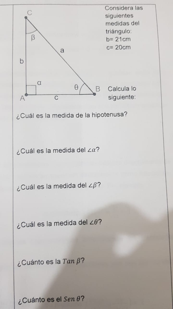 Considera las siguientes medidas del triángulo: b= 21cm c= 20cm a a Ө B Calcula lo siguiente: A С ¿Cuál es la medida de la hi