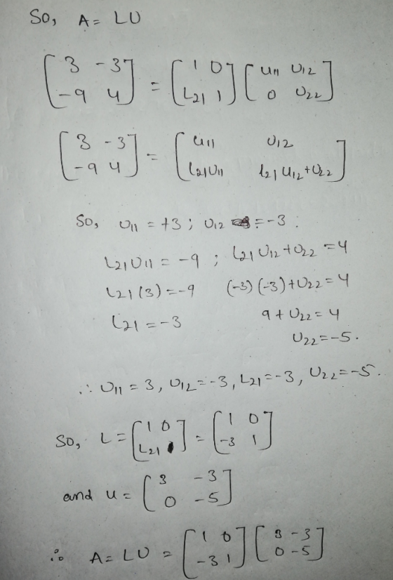 So, A=LO GU-COO :) 1-a u = laron 11 Uitur ] So 01 = t3 U12 = -3: 221 011 –9; 421 0,2 +022 = 4 (21 (3)=-9 (-3) (-3) + 022=4 (2