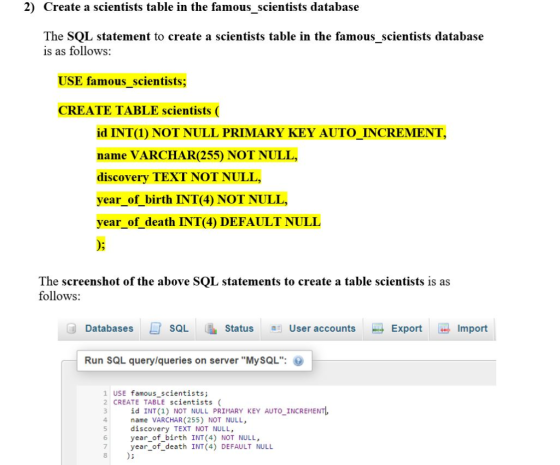 2) Create a scientists table in the famous_scientists database The SQL statement to create a scientists table in the famous_s