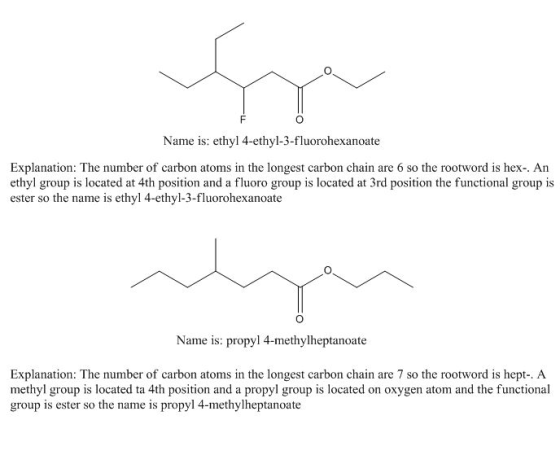 Name is: ethyl 4-ethyl-3-fluorohexanoate Explanation: The number of carbon atoms in the longest carbon chain are 6 so the roo