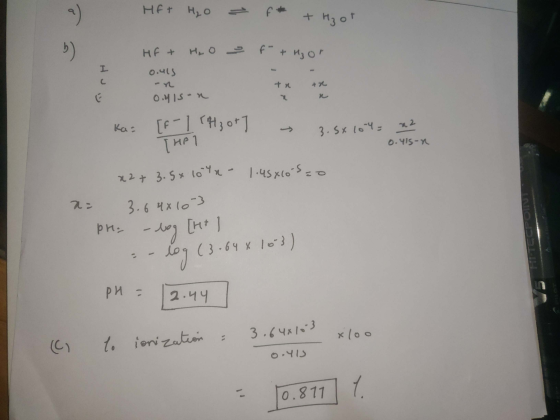 HET H₂O - ft + H₂ot f + H₂or HF + H₂o - 0.415 tx ** 0.41sar . Ka= [f-I CH3 ot] → 3.58 104 = 22 THAI 0.YIS-n x2+ 3.5+ 104 - 1.