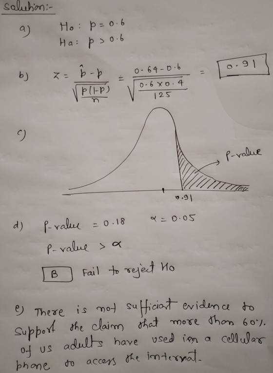 salution:- a) Ho: p=0.6 Ha: p > 0.6 0.91 b) z= -b p(1-P) 0-64-0 0.680.4 1 125 9) Prralue Tuce 0.91 d) P-value = 0.18 2=0.05 P